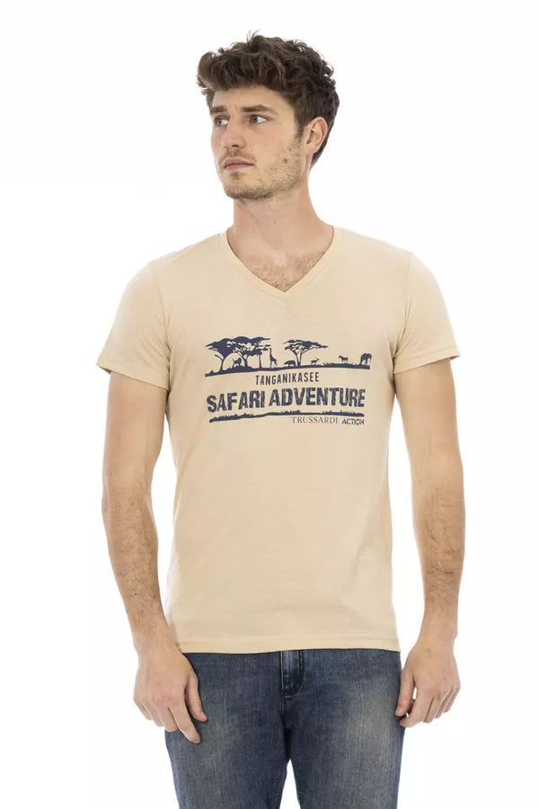 T-shirt à col en V beige avec élégant imprimé avant