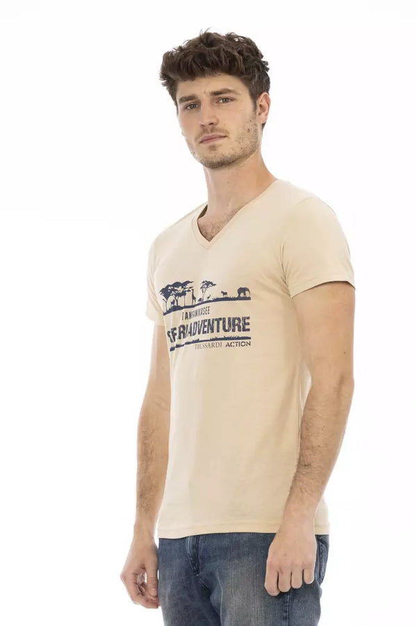 Beige V-Neck-T-Shirt mit elegantem Frontdruck