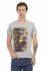 Chic Grey V-Ausschnitt T-Shirt mit stilvollem vorderer Druck