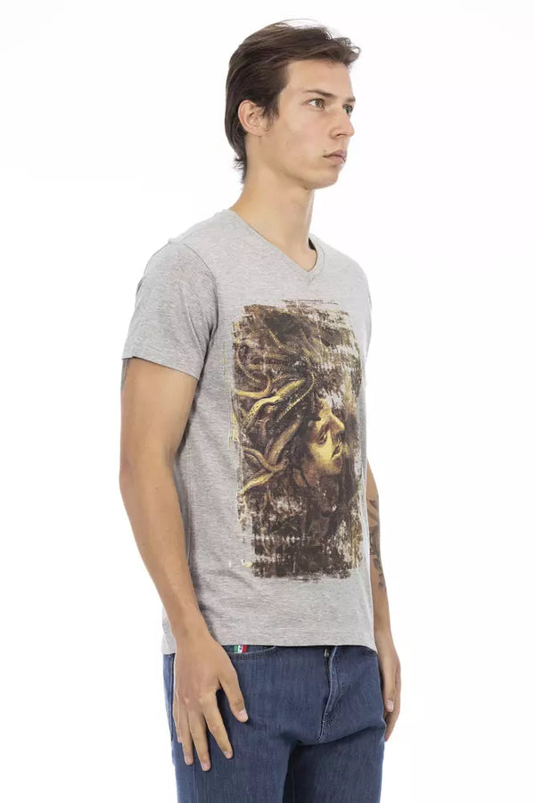 T-shirt à col en V gris chic avec imprimé avant élégant