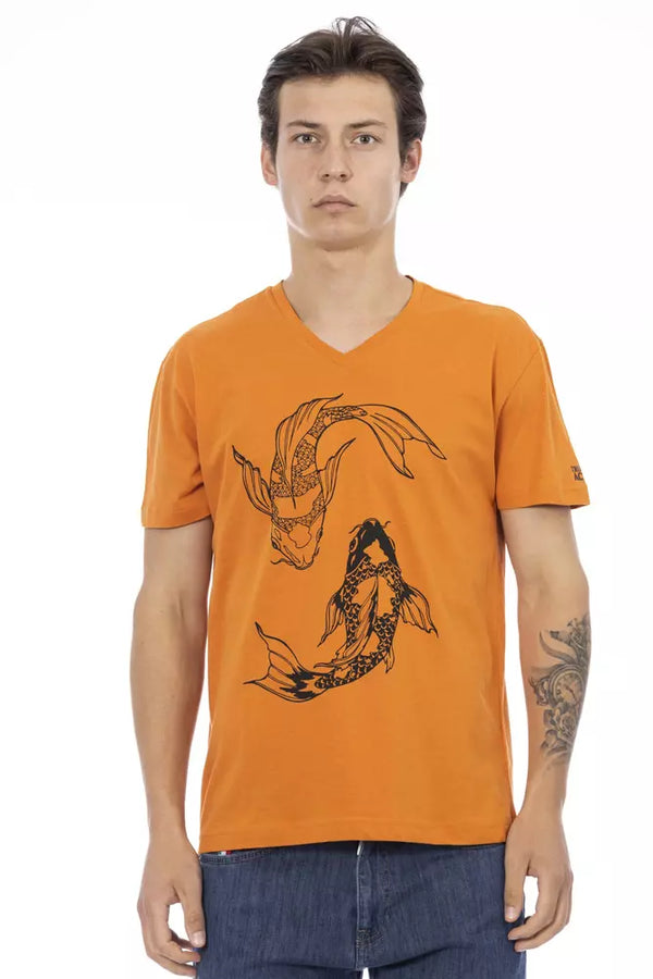 Lebendiges orangefarbenes V-Ausschnitt-T-Shirt mit elegantem Druck