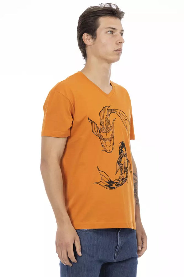 Lebendiges orangefarbenes V-Ausschnitt-T-Shirt mit elegantem Druck