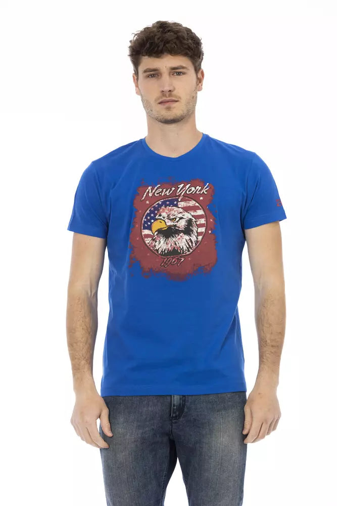 Schlanker blaues kurzes Ärmel rundes Nacken -T -Shirt