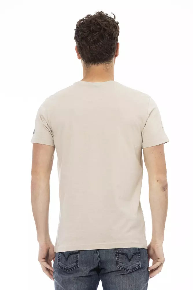 Beige runde Nacken -T -Shirt mit vorderem Druck