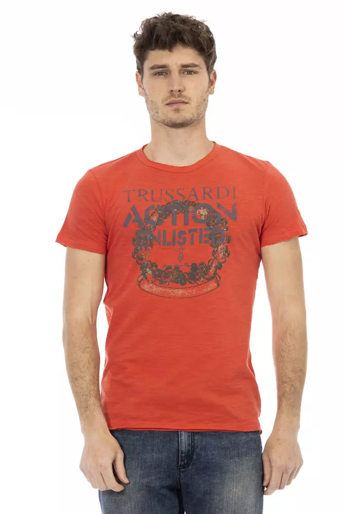 Sleek Red Round Teck Tee con estampado delantero