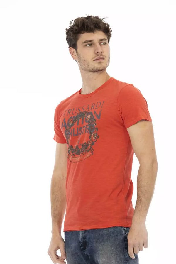 Sleek Red Round Teck Tee con estampado delantero