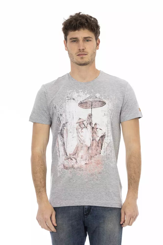 TEE elegante de algodón gris con estampado frontal artístico