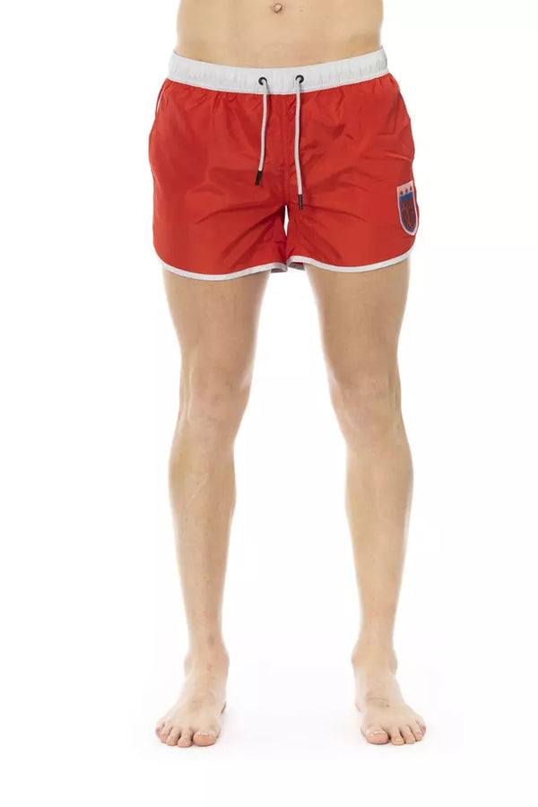 Pantalones cortos de natación rojos vibrantes con estampado frontal