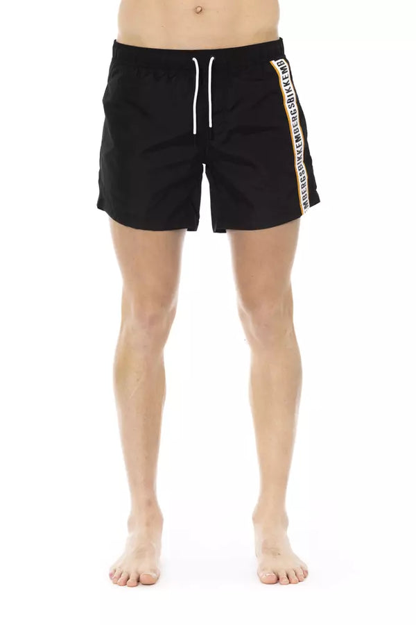 Sleek Black Swim Shorts con detalles de cinta deportiva