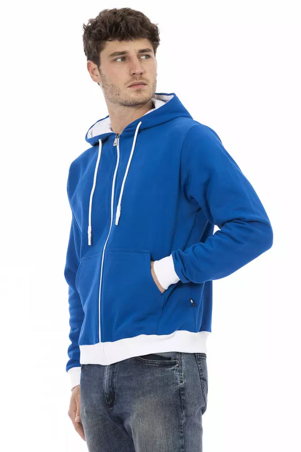 Elegante felpa con cappuccio di lana blu con chiusura a zip