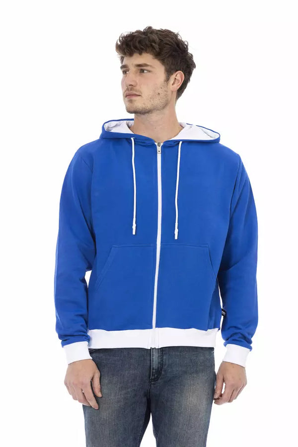 Elegante sudadera con capucha de lana azul con logotipo trasero