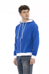 Elegante sudadera con capucha de lana azul con logotipo trasero