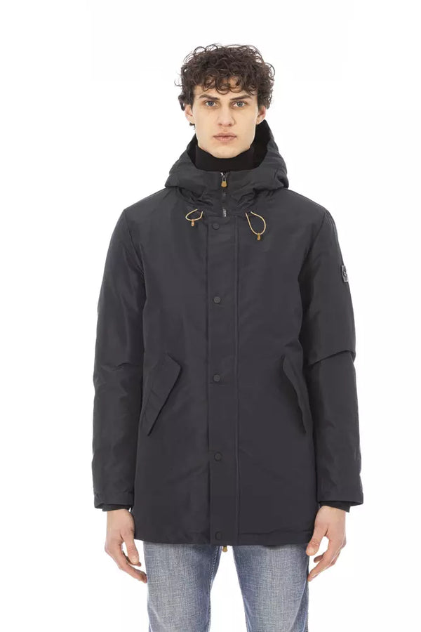 Elegante blaue lange Jacke mit monogrammes Detail