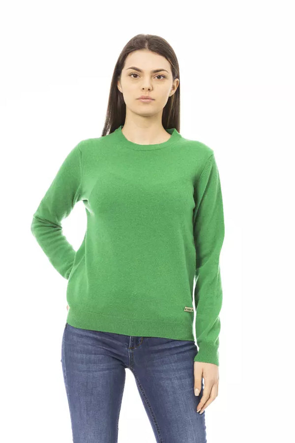 Elegante suéter de cuello de la tripulación de lana verde-cashmere