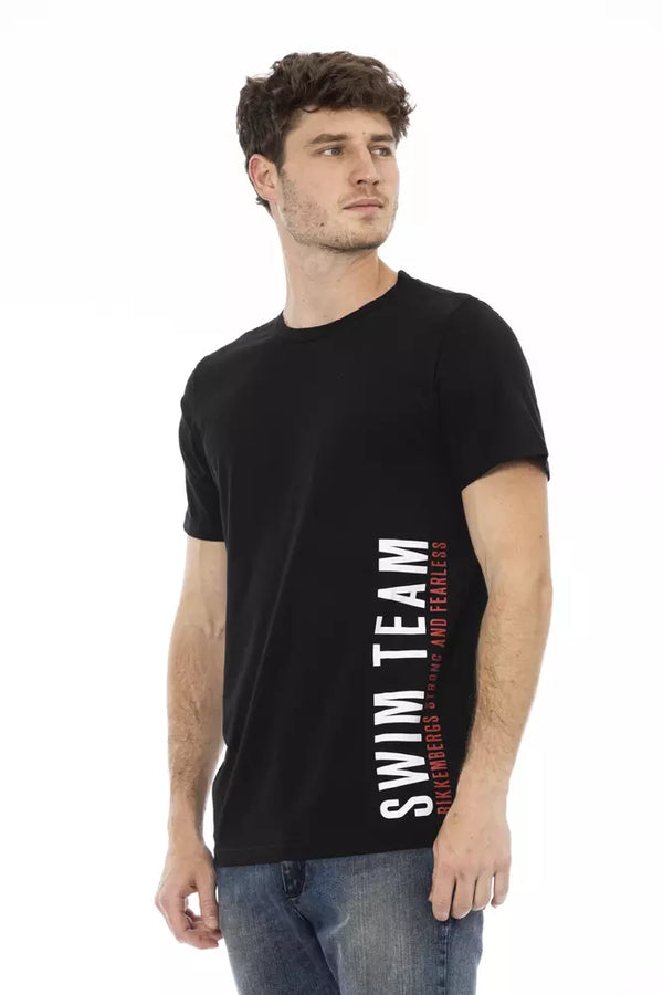 Schlankes schwarzes Baumwoll -T -Shirt mit fettem vorderer Druck