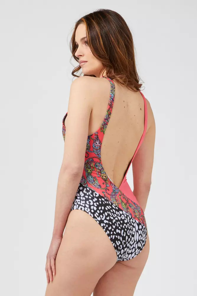 Fuchsia Patterned Swimsuit with Chic Neckline