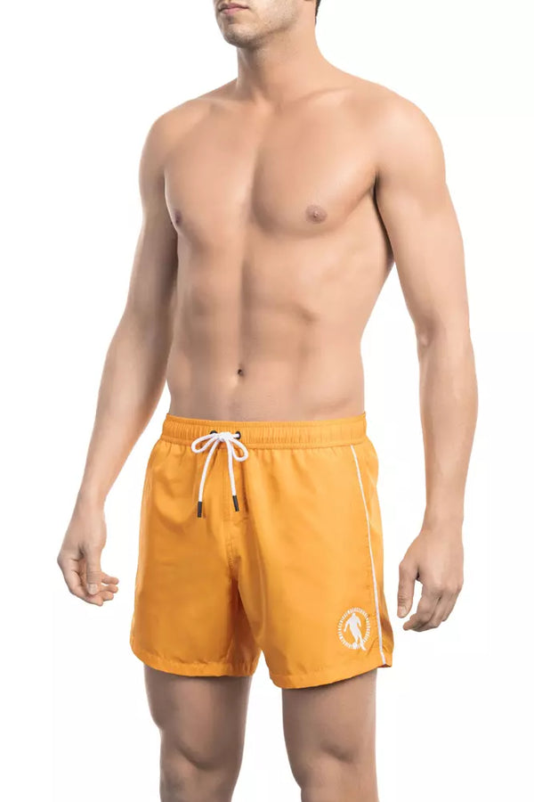 Pantalones cortos de natación para hombres de color naranja vibrante con estampado frontal