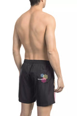 Sleek Black Side Print Swim Shorts