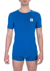 Schlanke blaue Crew -Hals -Baumwoll -T -Shirt