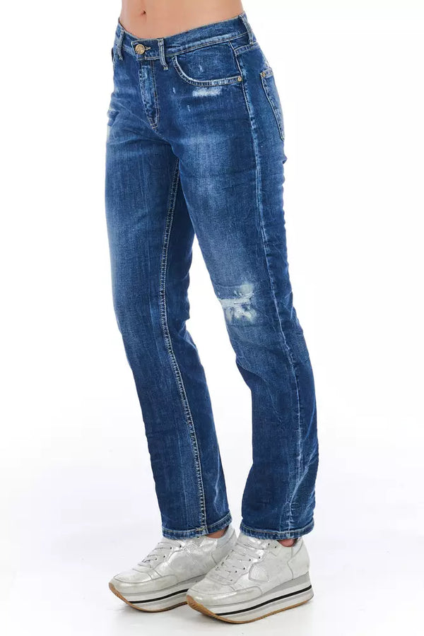 Jeans di lavaggio usurati in misto di cotone blu