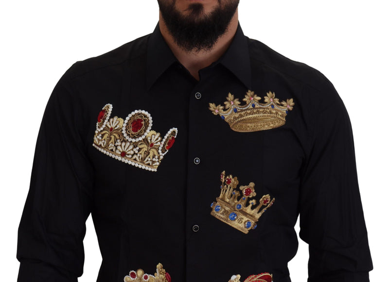 Elegante camisa de vestir negra delgada con bordado de corona