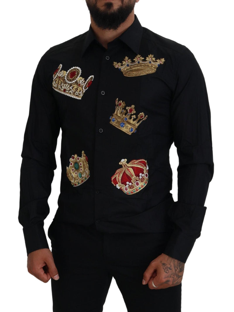 Elegant Black Slim Fit Shirt avec broderie couronne