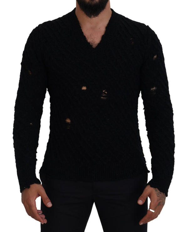 Elegante maglione di vano a V Black Wool Blend