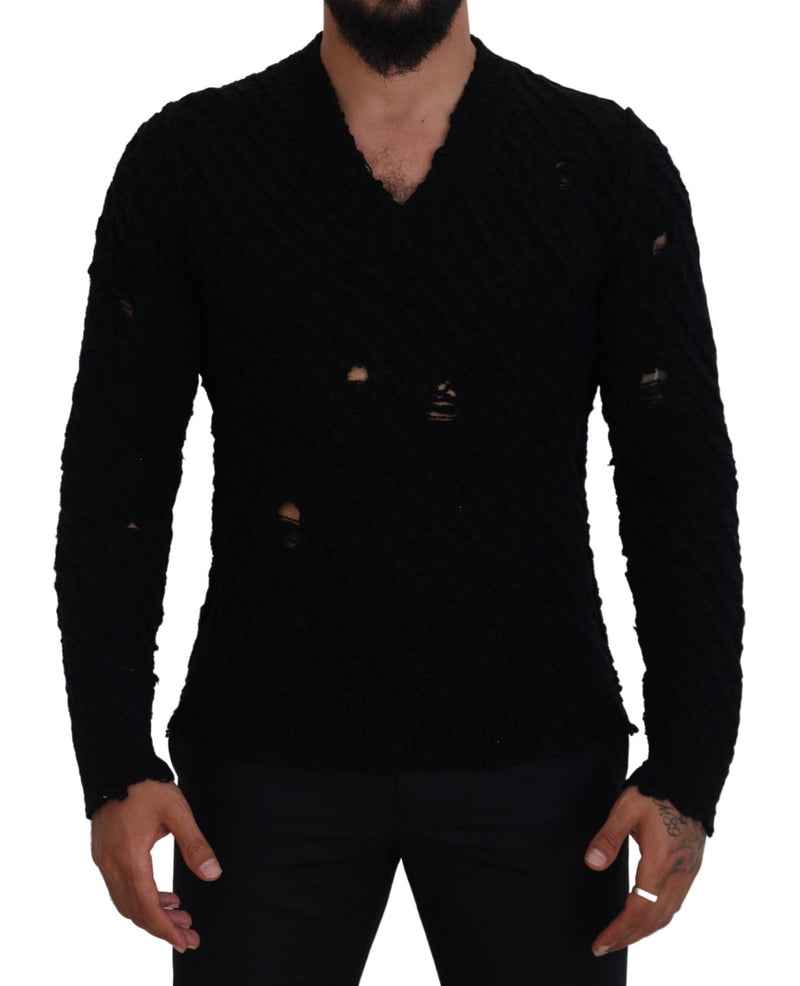 Κομψό μαύρο πουλόβερ V-Neck Black Wool