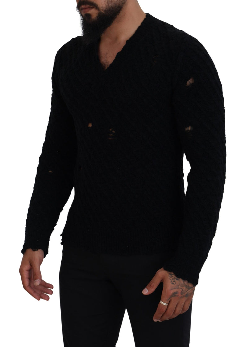 Eleganter schwarzer Wollblech-V-Ausck-Pullover