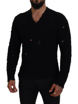 Eleganter schwarzer Wollblech-V-Ausck-Pullover