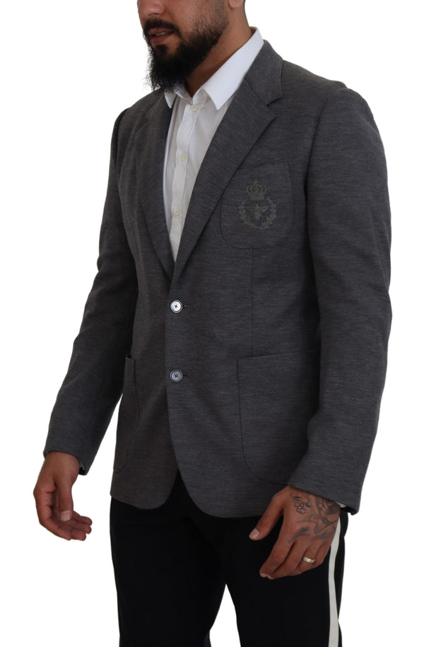 Elegant Gray Wool Blazer with Bee Crown Embroidery