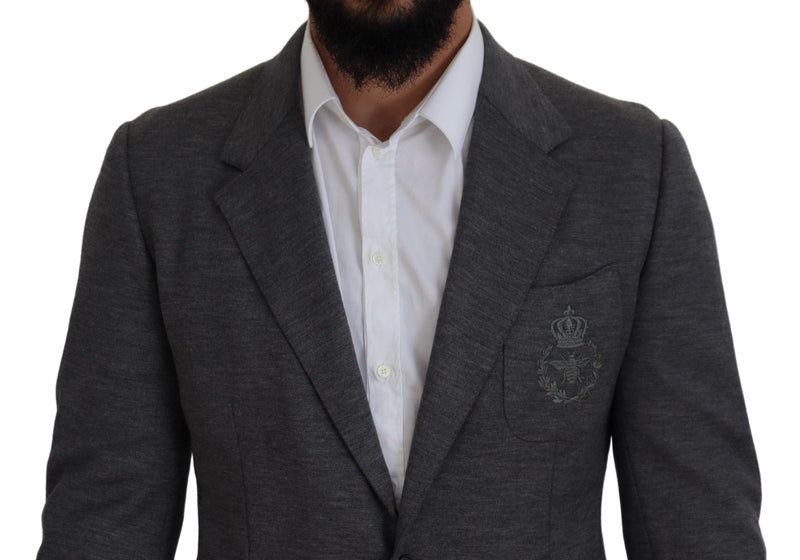 Elegant Gray Wool Blazer with Bee Crown Embroidery