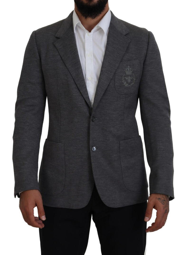 Elegante blazer de lana gris con bordado de corona de abejas