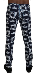 Elegant Crown Print Denim Pants