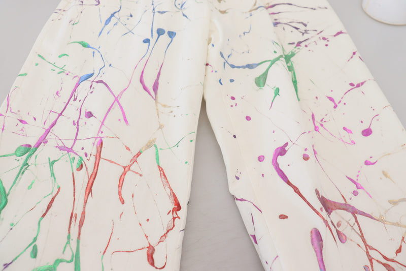 Chic White Splash Print Denim Pants