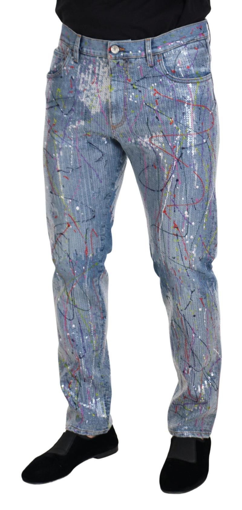 Squisiti pantaloni in denim a spruzzi di colore