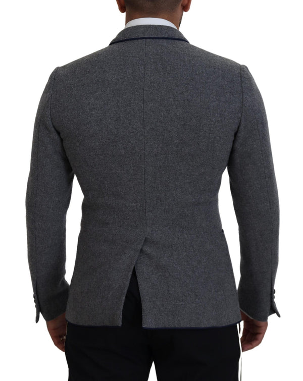 Elegante blazer de lana gris con bordado de rosa azul