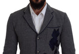 Eleganter grauer Wolle Blazer mit blauer Stickerei