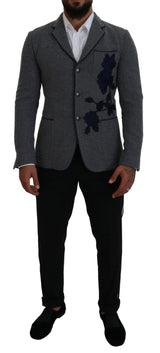 Eleganter grauer Wolle Blazer mit blauer Stickerei