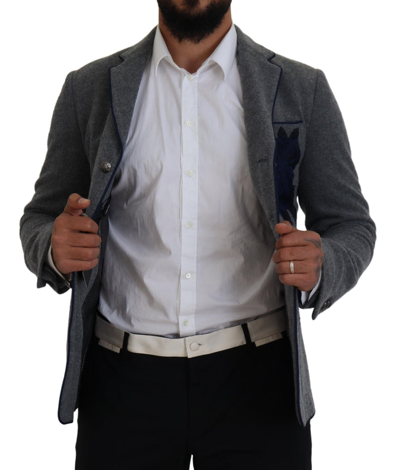 Eleganter grauer Wolle Blazer mit blauer Stickerei