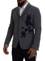 Eleganter grauer Wolle Blazer mit blauer Stickerei