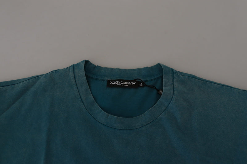 Elegante camiseta de algodón de cuello de la tripulación en azul