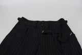 Elegant Black Striped Wool Blend Trousers