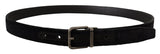 Elegant Black Leather Belt with Silver Tone Buckle