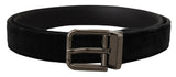 Elegant Black Leather Belt with Silver Tone Buckle