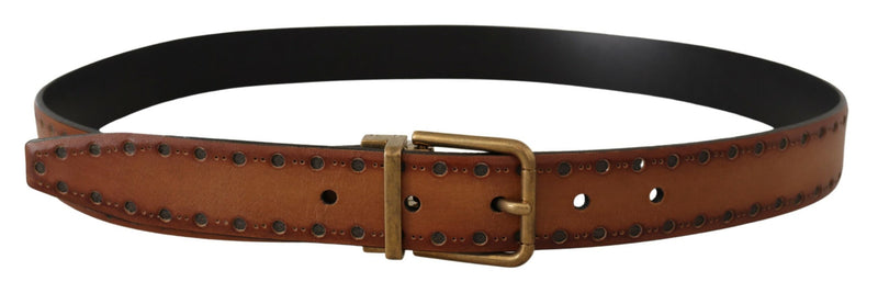 Elegant Brown Leather Belt with Brass Buckle