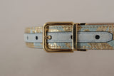 Elegant Light Blue Leather Belt with Gold Buckle