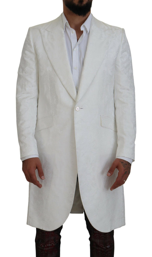 Elegante trench broccato floreale bianco