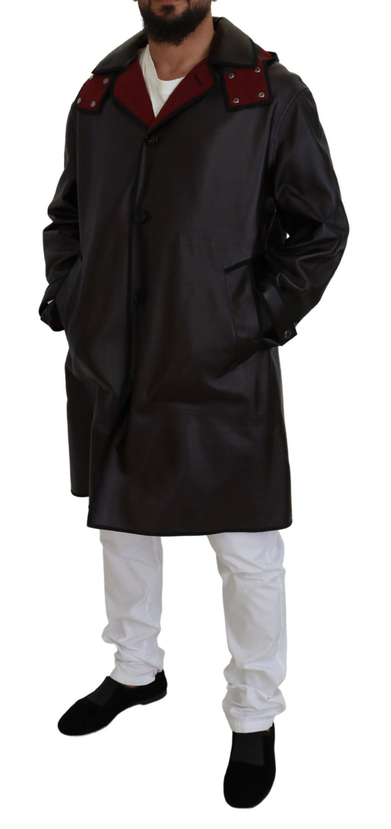 Elegante cappotto parka con cappuccio in nero e bordeaux