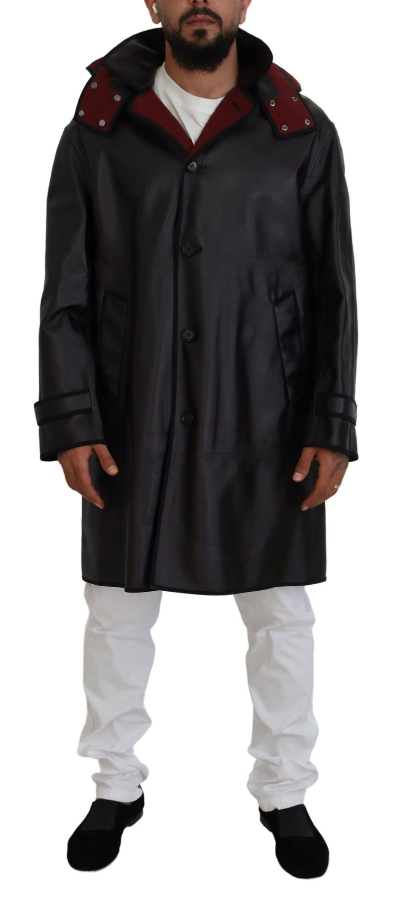 Elegante cappotto parka con cappuccio in nero e bordeaux